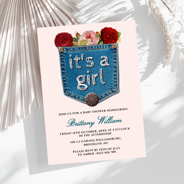 Blue Jeans Floral It's a Girl Baby Shower Invitation (Creator Uploaded)