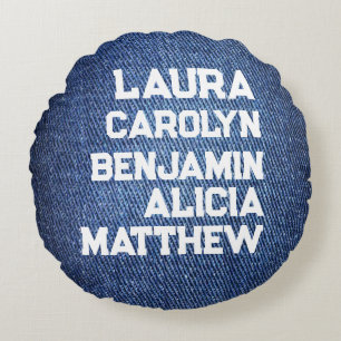 Blue jeans Grandchildren's names simple modern Round Cushion