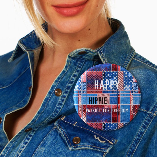 Blue Jeans Patchwork Personalised Patriot Button (Button featuring a modern abstract design with blue jeans and red white and blue USA flag colors)