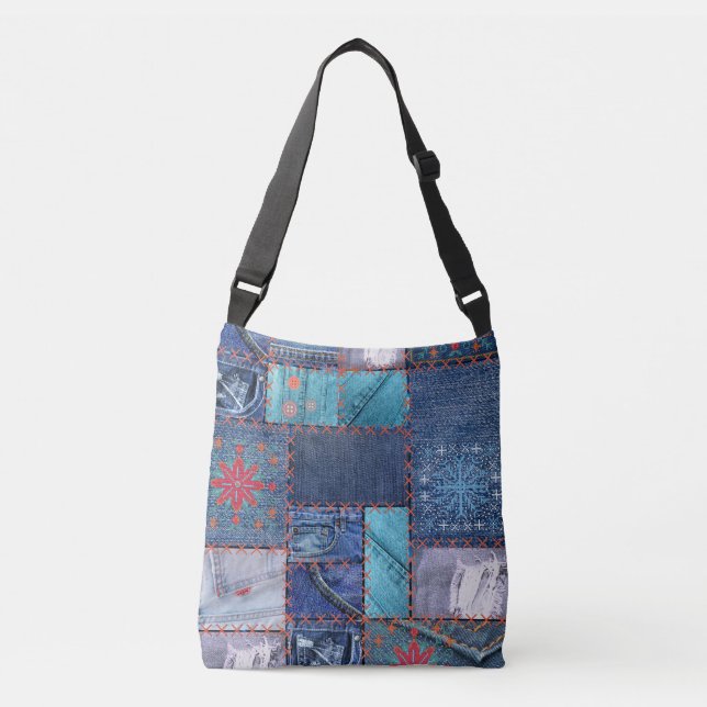 Blue Jeans Patchwork With Floral Detail Crossbody Bag (Front)