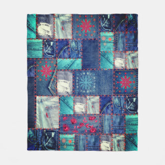 Blue Jeans Patchwork With Floral Detail Fleece Blanket