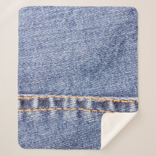 Blue jeans sew closeup texture. sherpa blanket