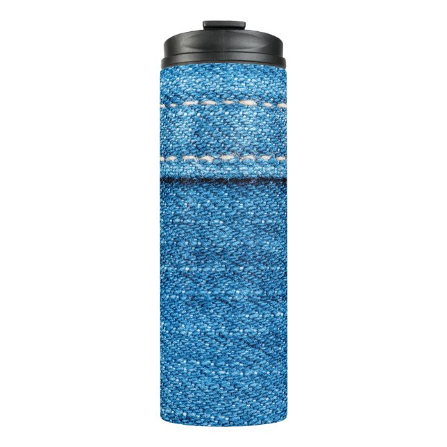 Blue jeans texture background. thermal tumbler (Front)