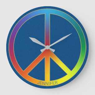 Blue Jeans Texture Rainbow Peace Name Personalised Large Clock