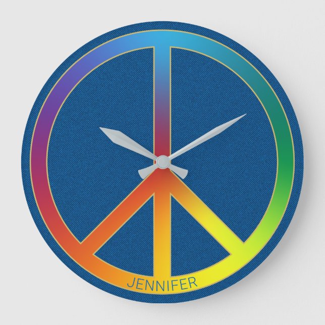 Blue Jeans Texture Rainbow Peace Name Personalised Large Clock (Front)