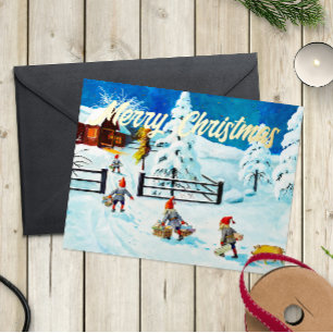 Blue Jenny Nyström Gnome Vintage Swedish Christmas Foil Holiday Card