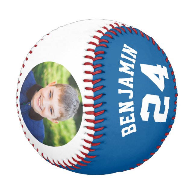 Blue Jersey Number and Photo Baseball (Angled)