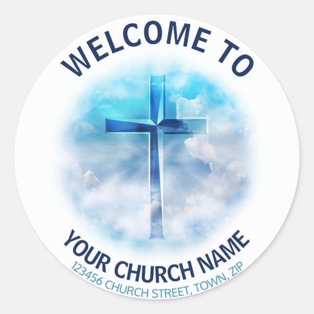Blue Jesus Cross Church Welcome Classic Round Sticker (Front)