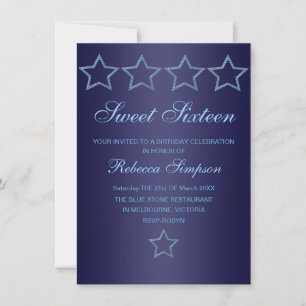 Blue Jewel Star Sweet 16 Birthday Invite