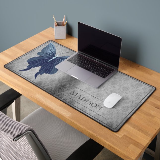 Blue Jewelled Butterfly Damask Desk Mat (Office 2)