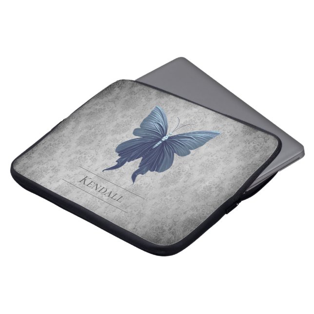 Blue Jewelled Butterfly Damask Laptop Sleeve (Front Top)