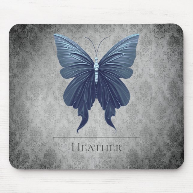 Blue Jewelled Butterfly Damask Mouse Mat (Front)