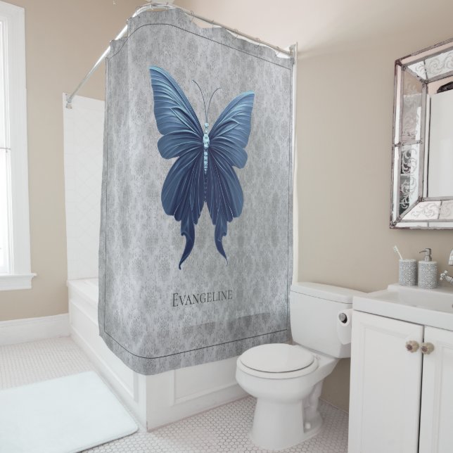 Blue Jewelled Butterfly Shower Curtain (In Situ)