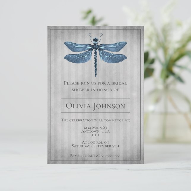 Blue Jewelled Dragonfly Bridal Shower Invitation (Standing Front)