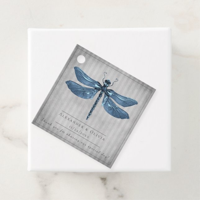Blue Jewelled Dragonfly Wedding Favour Tags (In Situ)