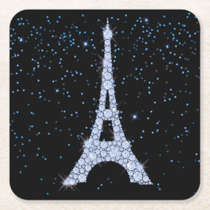 Blue Jewelled Eiffel Tower Square Paper Coaster