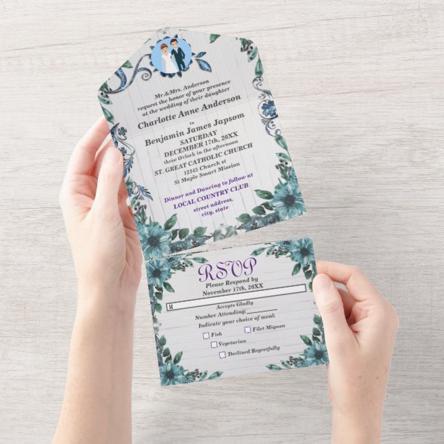 Blue Jewellery Floral  Wedding  All In One Invitat Invitation (Tearaway)