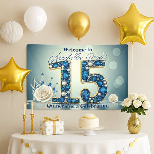 Blue Jewels & Silver Crown 15th Birthday Party  Banner