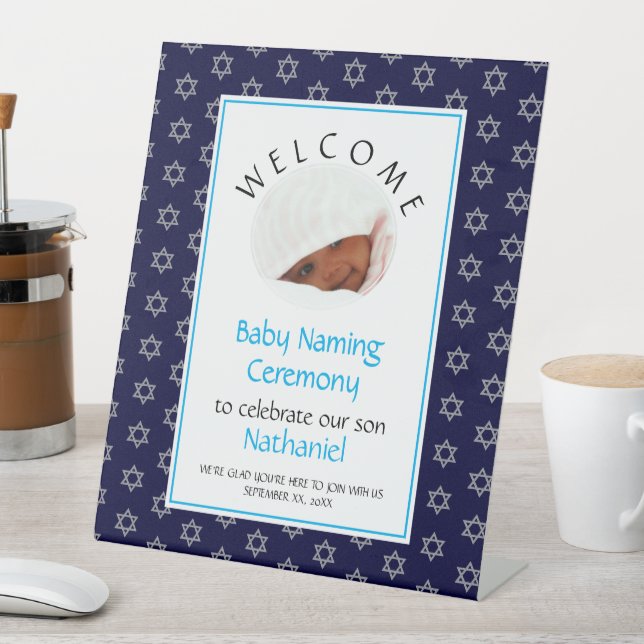 Blue JEWISH BABY NAMING Photo Star of David Pedestal Sign (In SItu)