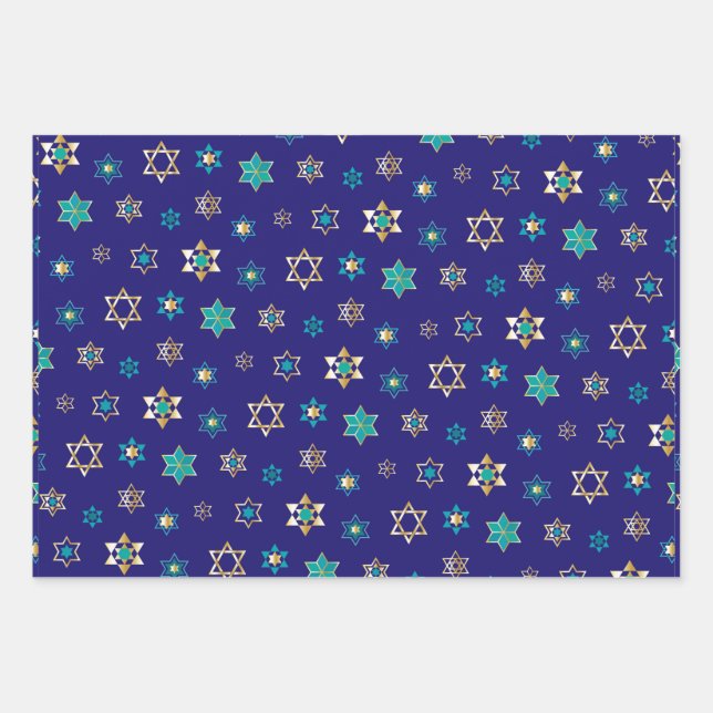 Blue Jewish Stars Design Wrapping Paper Set (Front)