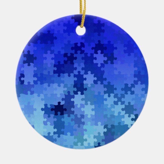 Blue jigsaw puzzle pattern ceramic tree decoration (Front)