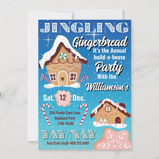 Blue Jingling Gingerbread Holiday Invitation (Front)