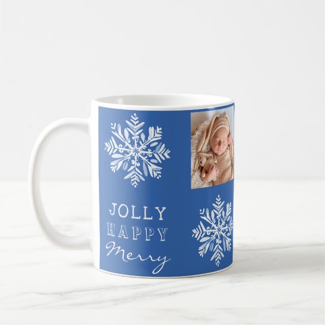 Blue Jolly Merry Snowflake Photo Christmas Holiday Coffee Mug (Left)
