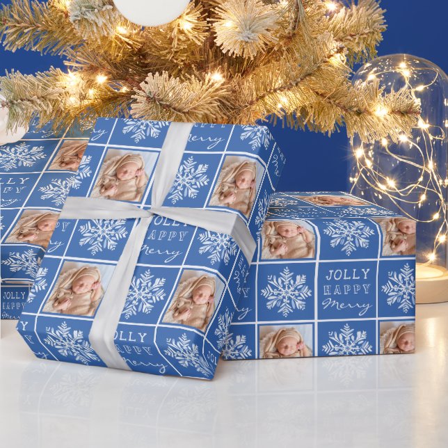 Blue Jolly Merry Snowflake Photo Christmas Holiday Wrapping Paper (Holidays)