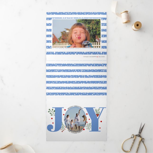 Blue joy and berries Christmas holiday photo Tri-Fold Holiday Card (Outside)