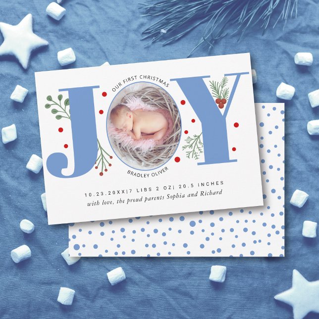 Blue Joy First Christmas holiday photo baby birth Announcement (Creator Uploaded)