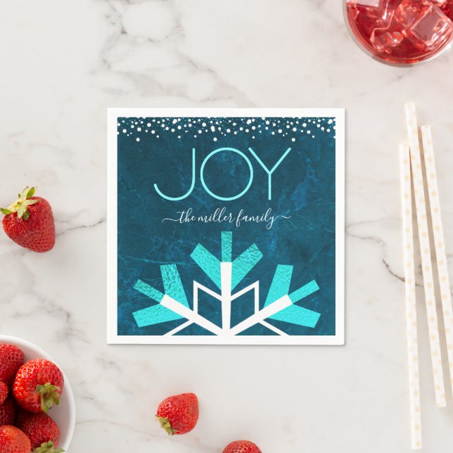 Blue Joy Holiday Snowflake Typography Script Name Napkin (Insitu)