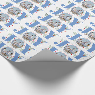 Blue JOY Merry Christmas holiday photo Wrapping Paper