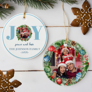 Blue JOY Watercolor Wreath Photo Ornament