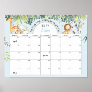 Blue jungle animals boy baby shower guessing game poster
