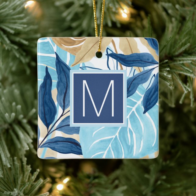 Blue Jungle Leaves Ceramic Ornament (Tree)