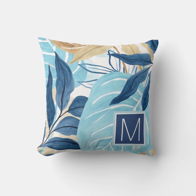 Blue Jungle Leaves Cushion (Front)