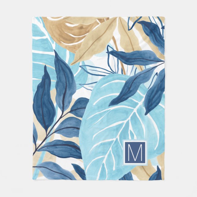 Blue Jungle Leaves Fleece Blanket (Front)