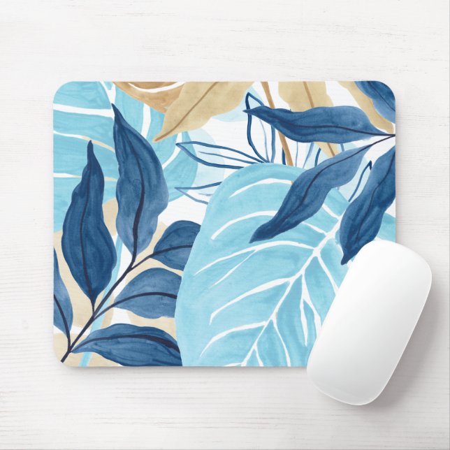 Blue Jungle Leaves Mouse Mat (With Mouse)