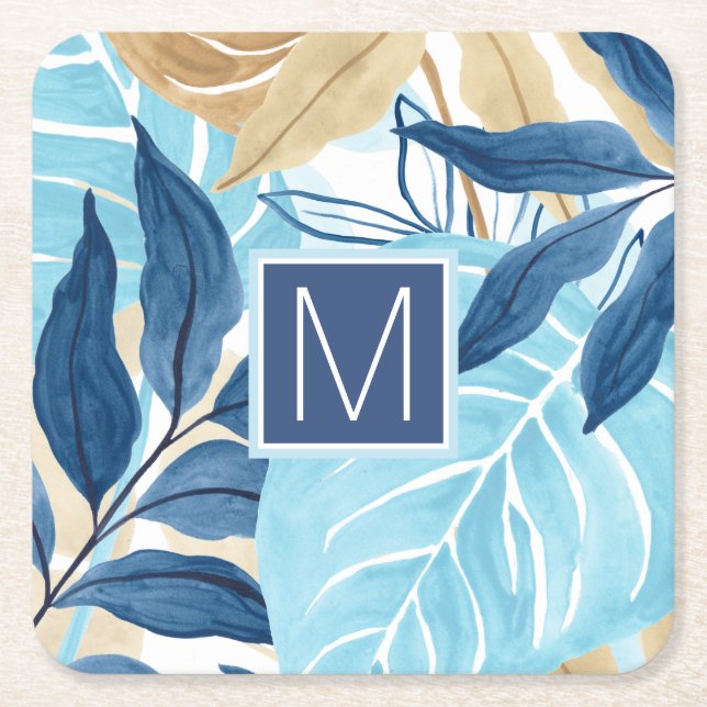 Blue Jungle Leaves Square Paper Coaster (Front)
