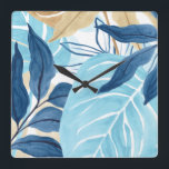 Blue Jungle Leaves Square Wall Clock<br><div class="desc">Blue Jungle IV by June Erica Vess. Tropical jungle leaves in abstract colours are brought together in this piece of art. | 163238Z</div>