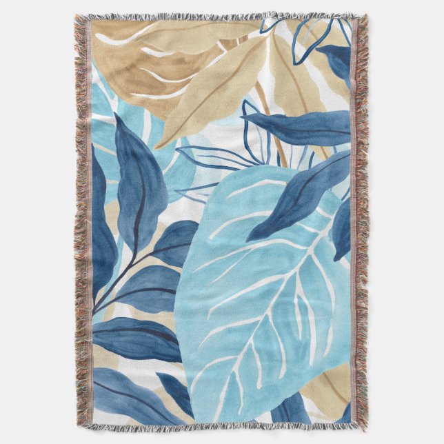 Blue Jungle Leaves Throw Blanket (Front Vertical)