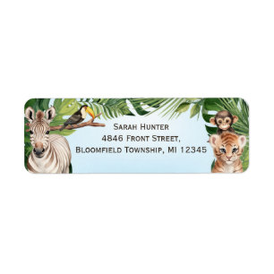Blue jungle safari animals, birthday return addres