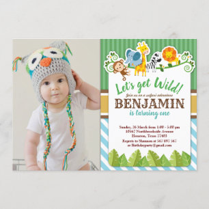 Blue Jungle Safari Zoo Animal Birthday Photo Invitation