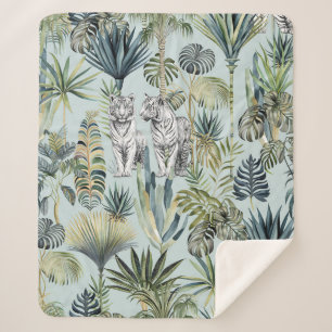 Blue Jungle White Tigers Sherpa Blanket