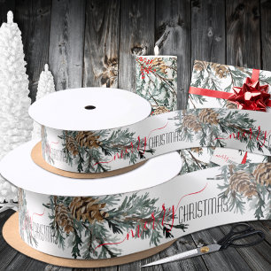 Blue Juniper Branch Boughs Cones Merry Christmas Satin Ribbon