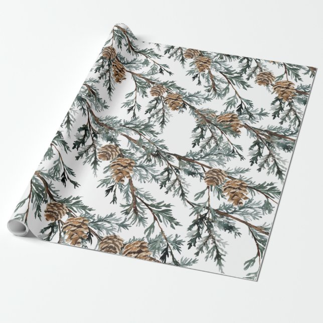 Blue Juniper Tree Branches And Cones Wrapping Paper (Unrolled)