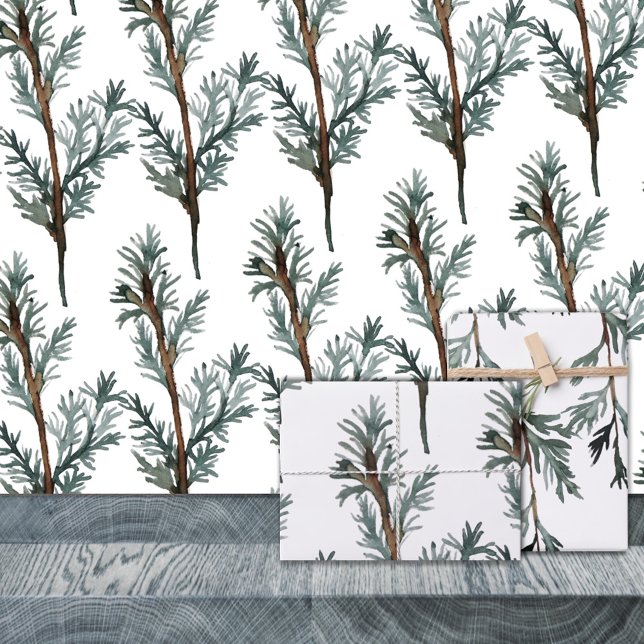 Blue Juniper Tree Branches Winter Greenery Wrapping Paper Sheet (Blue Juniper Tree Branches Winter Greenery Christmas Holiday Gift Wrapping Paper Sheets Trio)