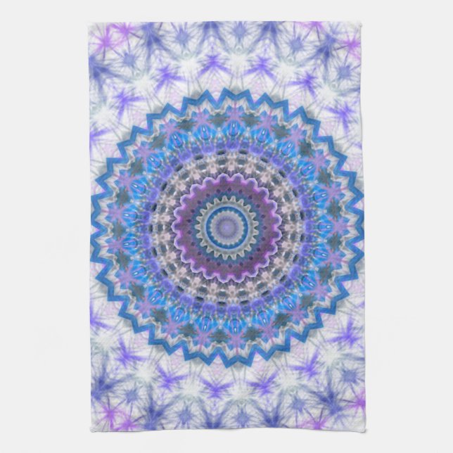 Blue Kaleidoscope Mandala light kitchen tea towel (Vertical)
