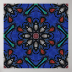 Blue Kaleidoscope Mandala with Red & Grey Accents Poster
