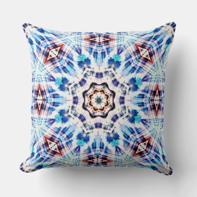 Blue kaleidoscope mix of texture and fabric woven cushion (Front)